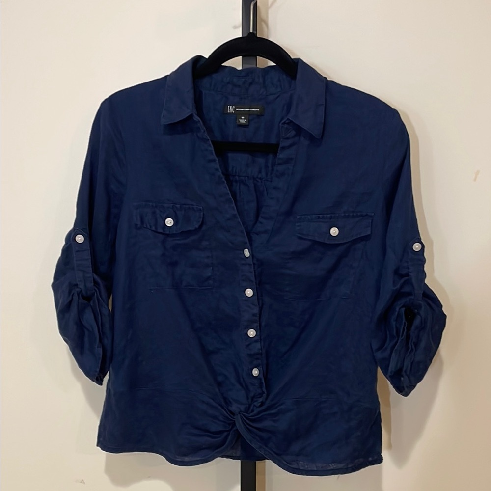 INC International Concepts Navy Blue Button-Up Top